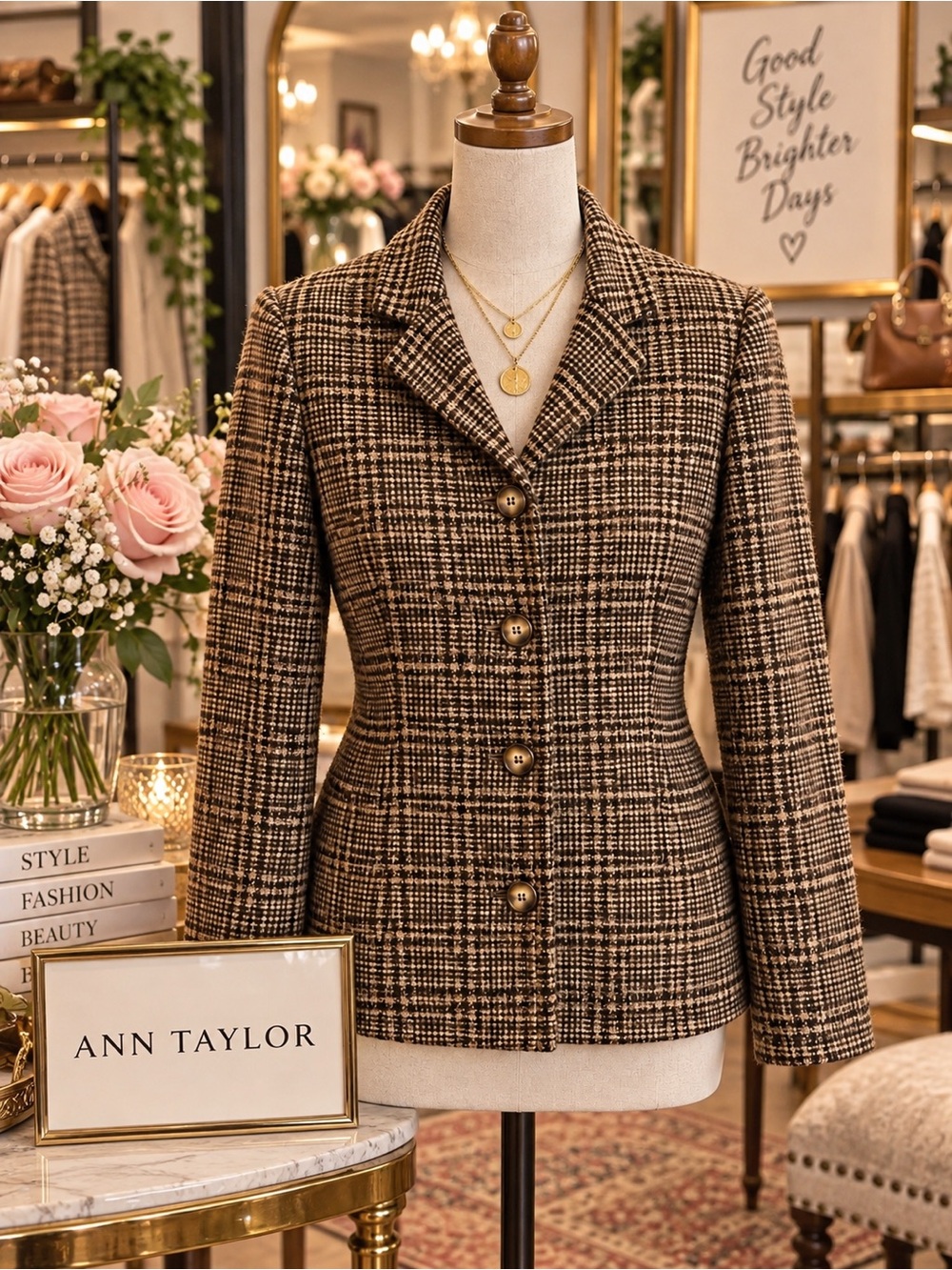 Ann Taylor Brown Plaid Tailored Jacket